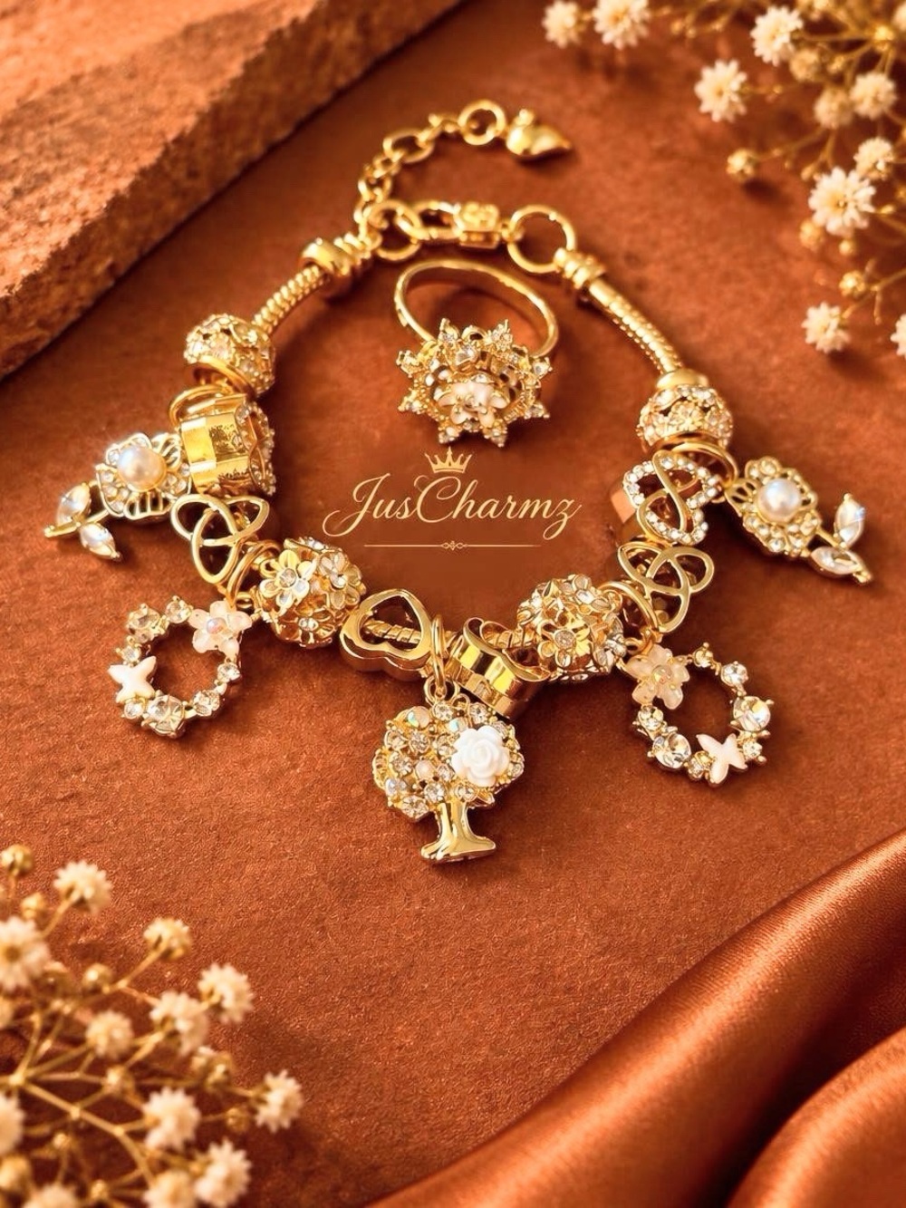 ✨ Sparkling Floral Charm Bracelet & Matching Statement Ring 2-Piece Set ✨